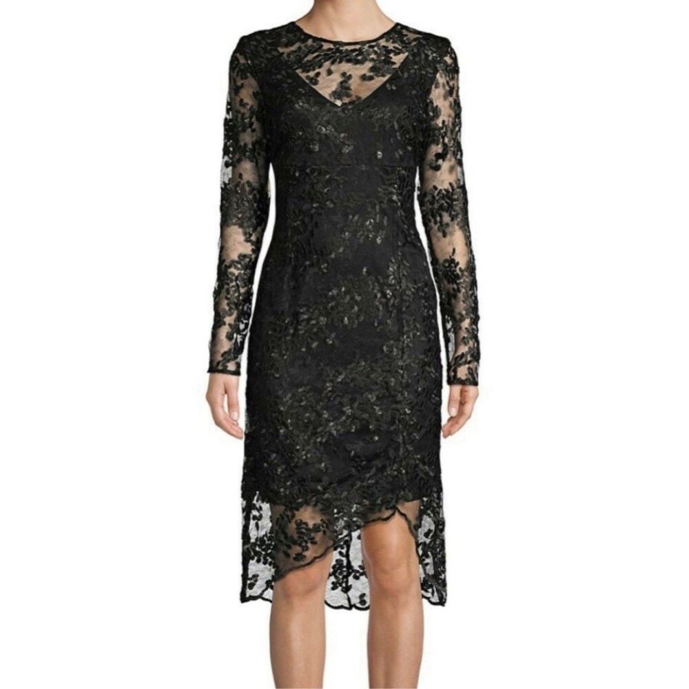 Donna Karan Dress Size 4 Midi Cocktail LBD Black Lace Matte Sequin V-neck NWT